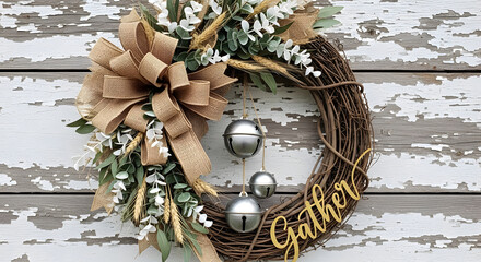 Rustic grapevine wreath with burlap bow wheat eucalyptus three silver jingle bells and a gather sign.
