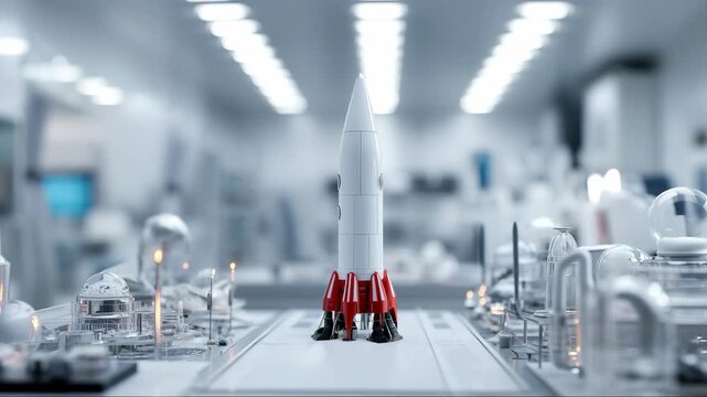 Model rocket sits on a futuristic lab table surrounded by scientific equipment and instruments
