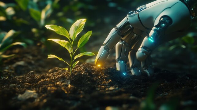 Robotic hand planting a glowing sapling in the earth