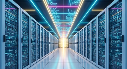 Illuminated server room with glowing neon lights, showcasing data center infrastructure and information technology in a futuristic environment