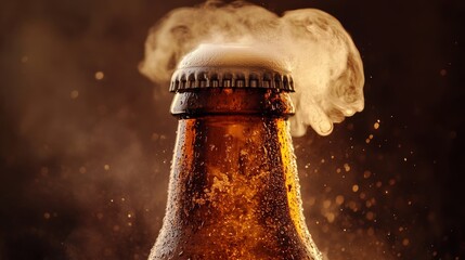 a close-up of a beer bottle neck with a metal cap mid-air, a dense cloud of gas expanding rapidly, rich amber tones glowing against a dark brown backdrop