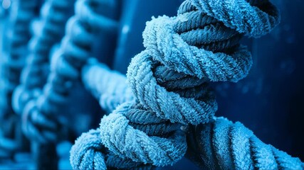 Thick, twisted rope covered in frost beside a cold harbor at dawn creating a tranquil winter scene