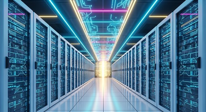 Illuminated server room with glowing neon lights, showcasing data center infrastructure and information technology in a futuristic environment
