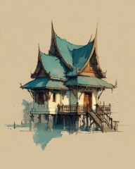 Traditional Asian House with Unique Roof Design and Architecture