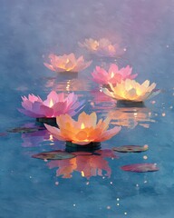 Serene Water Lilies with Illuminated Blossoms on Calm Water Surface