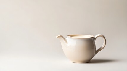 Fototapeta premium a delicate ceramic jug with a gracefully curved spout, filled with sweet, velvety condensed milk, captured in a minimalist composition on a white background