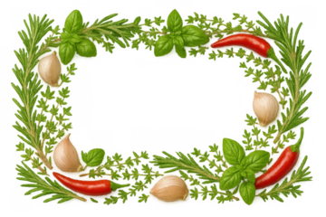 Cooking border frame with fresh herbs, spices, chili peppers, garlic, basil, rosemary, and thyme on transparent background