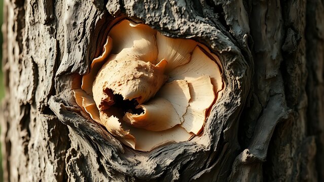 custodianship. Close-up of tree trunk with abnormal swelling and torn bark, textured botanical imperfection. gardening catalogs, home-decor guides, designed for gardening and botanical catalogs.