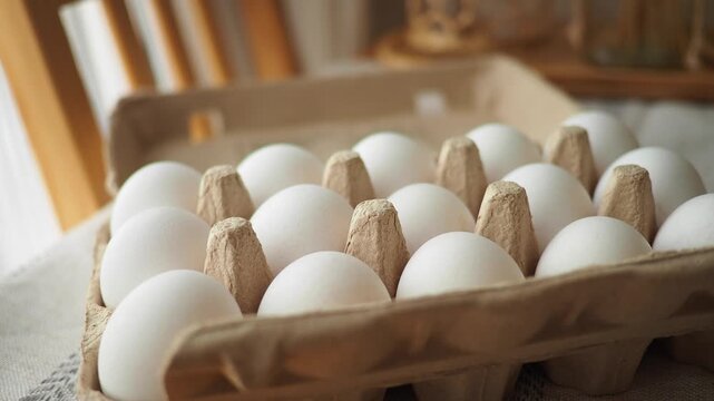 Fresh eggs in a carton on a kitchen table