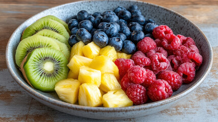 Fresh bowl of sliced kiwi, pineapple chunks, blueberries and raspberries bright and inviting