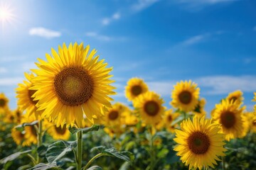 Sunflowers in a Field Facing Bright Blue Sky