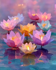 Colorful Lotus Flowers Reflecting in Calm Water Surface at Dusk