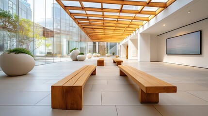 Modern art gallery interior with minimalist design and wooden benches. Contemporary architectural space with a glass wall and skylight. Empty museum hall with natural light