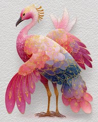 Elegant Pink Bird with Ornate Feathers and Artistic Design