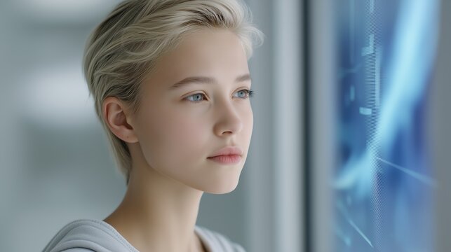 A young woman with short blonde hair looking at a futuristic digital screen. Close-up of a person interacting with a glowing blue user interface. Technology and innovation concept