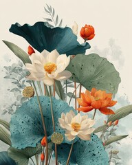 Beautiful Floral Composition with Lotus Flowers and Green Leaves