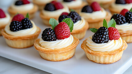 Berry tartlet with cream swirl and mint garnish, arranged on white tray, elegant dessert display