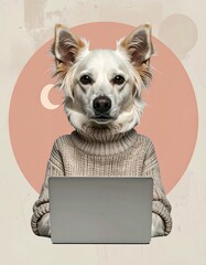 An anthropomorphic dog wears a sweater and types on a laptop in a digitally altered illustrative scene