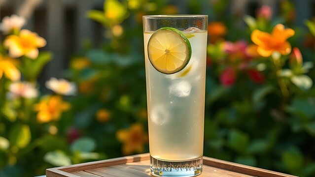 sudachi. A tall glass of clear beverage with a lime slice, condensation, in a serene summer garden. bar promotions, beverage menus, designed for food & beverage menus and cafe branding.