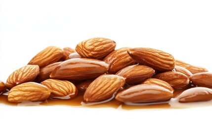 Obraz premium a heap of roasted almonds partially submerged in a pool of velvety caramel sauce, rich textures and warm golden hues captured in fine detail, isolated against white