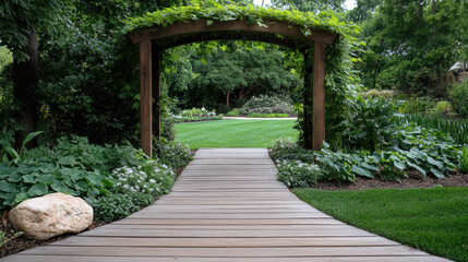 Obraz premium Lush garden archway with wooden path and vibrant green foliage creating peaceful atmosphere