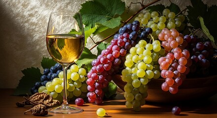 Classic still life composition featuring a glass of white wine with clusters of grapes in various hues, capturing the essence of fine wine and culinary artistry