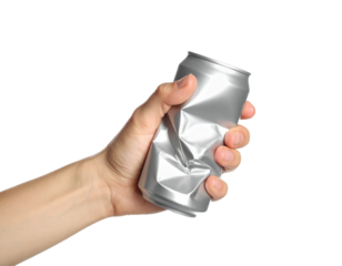 Hand crushing aluminum can concept recycling waste management metal on transparent background