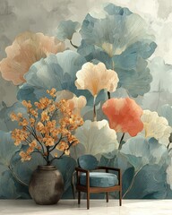 Elegant Floral Mural Art with Chair and Decorative Elements