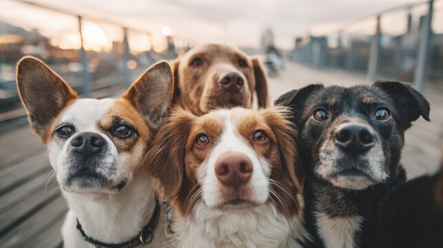 Four dogs of different breeds pose together on a wooden deck at sunset. The warm sunlight reflects off their fur as they look curiously at the surroundings.