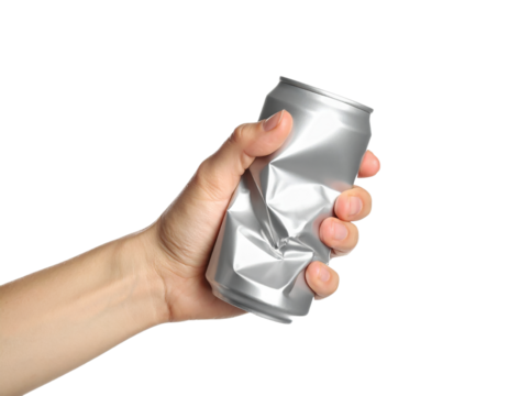Hand crushing aluminum can concept recycling waste management metal on transparent background