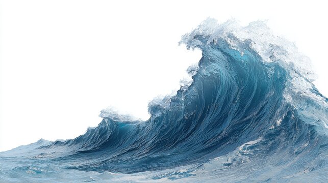A large ocean wave rises prominently, displaying vibrant blue hues and frothy white foam. The scene highlights the force of nature on a clear, bright day, emphasizing movement and beauty.