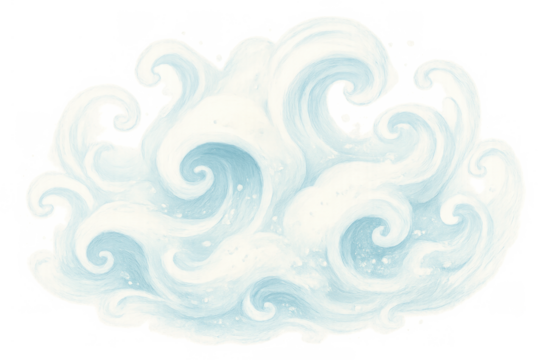 Whimsical decorative cloud illustration with swirling watercolor texture on transparent background, symbolizing weather and freedom