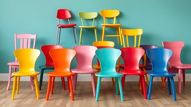 mismatched. A playful arrangement of mismatched chairs in vibrant colors, representing whimsical seating dilemmas. lifestyle magazines.