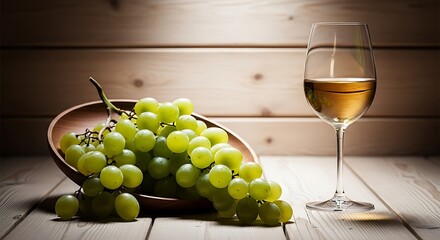 A glass of white wine sits next to a bowl of green grapes on a wooden table, creating a cozy and inviting atmosphere for relaxation