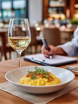 Gourmet risotto with seared scallops and white wine in a restaurant. Food critic writing a review in the background. Fine dining and culinary concept