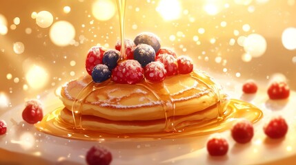a playful, kawaii-style illustration of a sweet pancake dish, syrup cascading down in smooth waves, fresh berries resting on top, soft highlights emphasizing the warm golden hues
