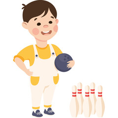 Smiling young boy in yellow shirt and white overalls holds a dark blue bowling ball ready to play next to white pins on a transparent background