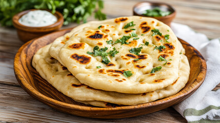 Garlic naan bread brushed ghee with charred spots and fresh cilantro, warm and fluffy