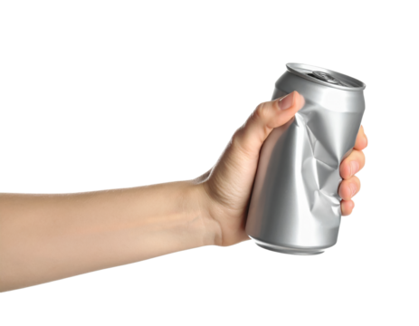 Crushed aluminum can in hand recycling waste management concept on transparent background
