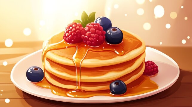 a playful, kawaii-style illustration of a sweet pancake dish, syrup cascading down in smooth waves, fresh berries resting on top, soft highlights emphasizing the warm golden hues