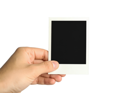 Hand holding blank polaroid frame photo mockup for your image art on transparent background