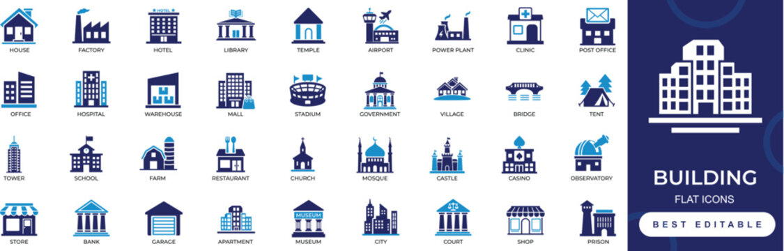Building icon set with house, office, hospital, mall, school, farm, religious and civic structures, perfect for apps, maps, infographics, and real estate projects.