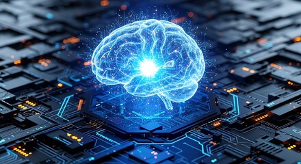A glowing brain on a circuit board symbolizes artificial intelligence, advanced technology, and the future of computing and neural networks