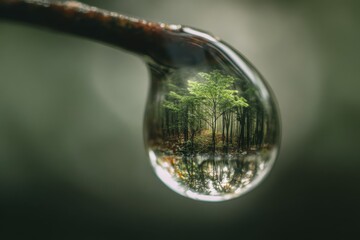 A forest landscape reflecting inside a water droplet