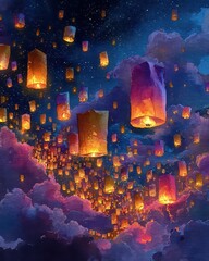 Enchanted Night Sky with Floating Lanterns in Twilight Colors