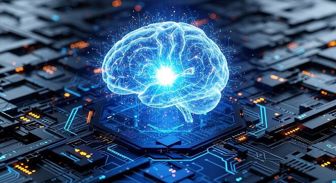 A glowing brain on a circuit board symbolizes artificial intelligence, advanced technology, and the future of computing and neural networks - Powered by Adobe
