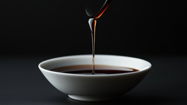 a single drop of thick sweet soy sauce suspended mid-air as it leaves the bottle, about to land in a smooth white bowl, deep black background creating a striking contrast