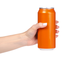 Hand holding orange soda can refreshment drink isolated studio on transparent background