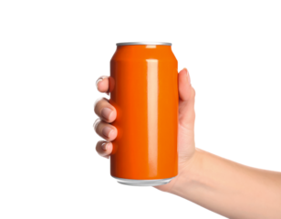 Hand holding orange soda can mockup isolated on black background on transparent background