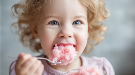 Bright-eyed girl with curly hair savors a large bite of fluffy pink cotton candy at an outdoor fair. Joy radiates from her as she indulges in this sugary treat.